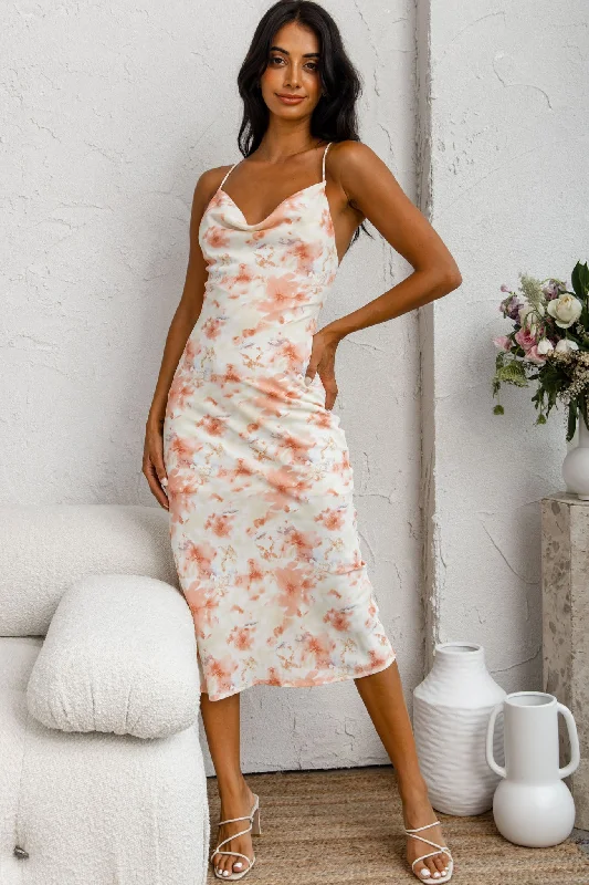Empire Waist Women Dress to Accentuate the Bust and Conceal the WaistShow Me Love Cowl Neck Midi Dress Watercolor Floral Print Pink Empire Waist Women Dress to Accentuate the Bust and Conceal the WaistShow Me Love Cowl Neck Midi Dress Watercolor Floral Print Pink