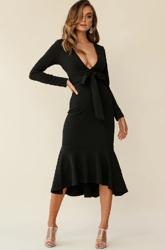 Backless Women Dress for a Sexy and Alluring Look at Evening EventsSorry Not Sorry Long Sleeve Flounce Midi Dress Black Backless Women Dress for a Sexy and Alluring Look at Evening EventsSorry Not Sorry Long Sleeve Flounce Midi Dress Black
