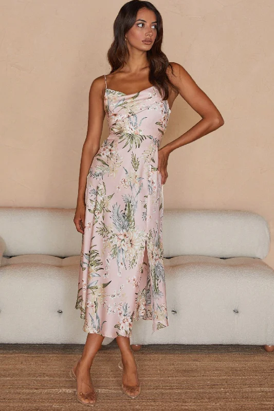 Shift Women Dress with a Simple and Classic Design for Everyday WearSuki Front Split Midi Dress Tropical Floral Print Pink Shift Women Dress with a Simple and Classic Design for Everyday WearSuki Front Split Midi Dress Tropical Floral Print Pink
