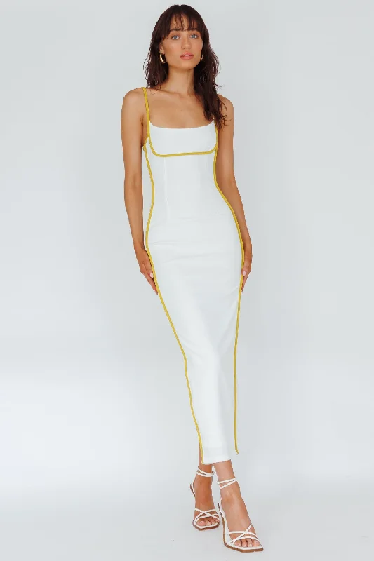 Sleeveless Women Dress in Bright Colors for Summer PartiesSunny Coast Piping Trim Maxi Dress White/Yellow Sleeveless Women Dress in Bright Colors for Summer PartiesSunny Coast Piping Trim Maxi Dress White/Yellow