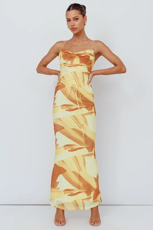 Mini Women Dress with a Short Hem for a Young and Trendy StyleTeava Laced Waist Maxi Dress Abstract Yellow Mini Women Dress with a Short Hem for a Young and Trendy StyleTeava Laced Waist Maxi Dress Abstract Yellow