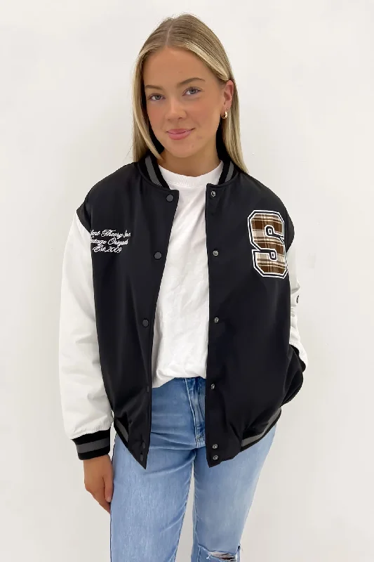 Women's moto jackets with a lace - up front for a unique and stylish touchVarsity Jacket Black Women's moto jackets with a lace - up front for a unique and stylish touchVarsity Jacket Black