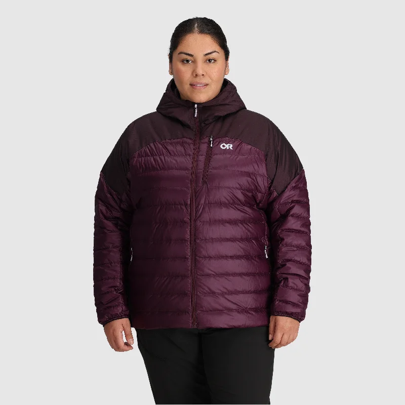 Women's quilted puffer jackets in a cropped silhouette for a modern twistWomen's Helium Down Hoodie-Plus Women's quilted puffer jackets in a cropped silhouette for a modern twistWomen's Helium Down Hoodie-Plus