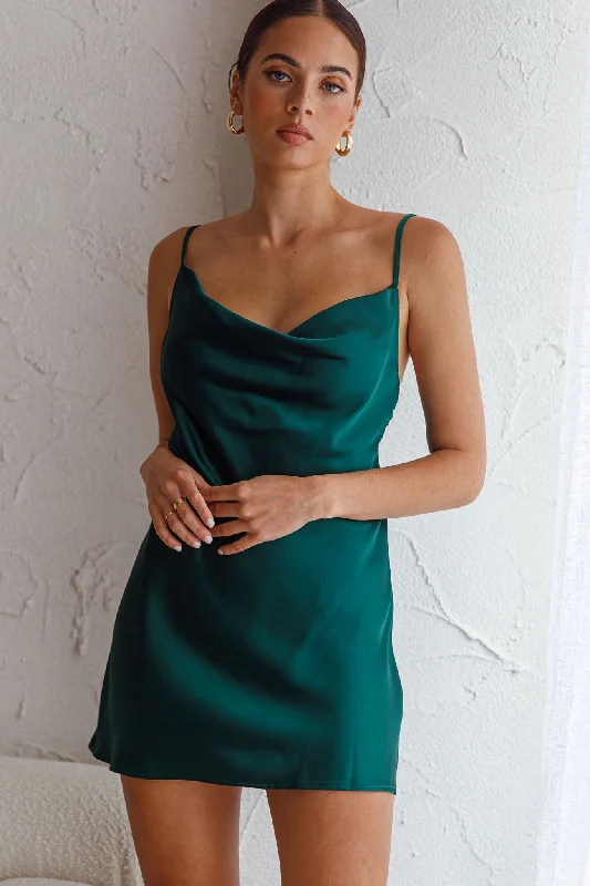 Ruffled Women Dress with Multiple Layers for a Playful and Girly StyleXanadu Cowl Neck Slip Dress Forest Green Ruffled Women Dress with Multiple Layers for a Playful and Girly StyleXanadu Cowl Neck Slip Dress Forest Green
