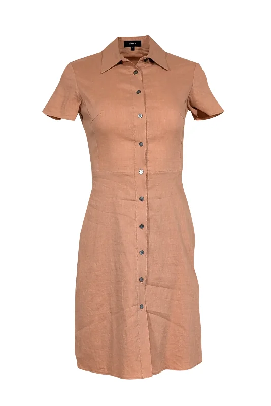 Empire Waist Women Dress to Accentuate the Bust and Conceal the Waist Empire Waist Women Dress to Accentuate the Bust and Conceal the Waist Theory - Salmon Pink Linen Blend Button Front Dress Sz 00 Empire Waist Women Dress to Accentuate the Bust and Conceal the Waist Empire Waist Women Dress to Accentuate the Bust and Conceal the Waist Theory - Salmon Pink Linen Blend Button Front Dress Sz 00
