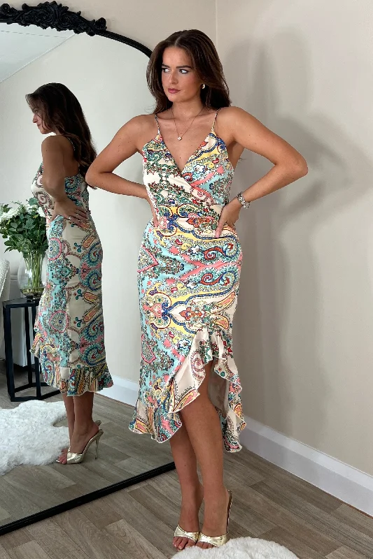 Midi dresses with ribbed textures for a unique and tactile appearanceAislinn Paisley Wrap Neck Frill Detail Dress Midi dresses with ribbed textures for a unique and tactile appearanceAislinn Paisley Wrap Neck Frill Detail Dress