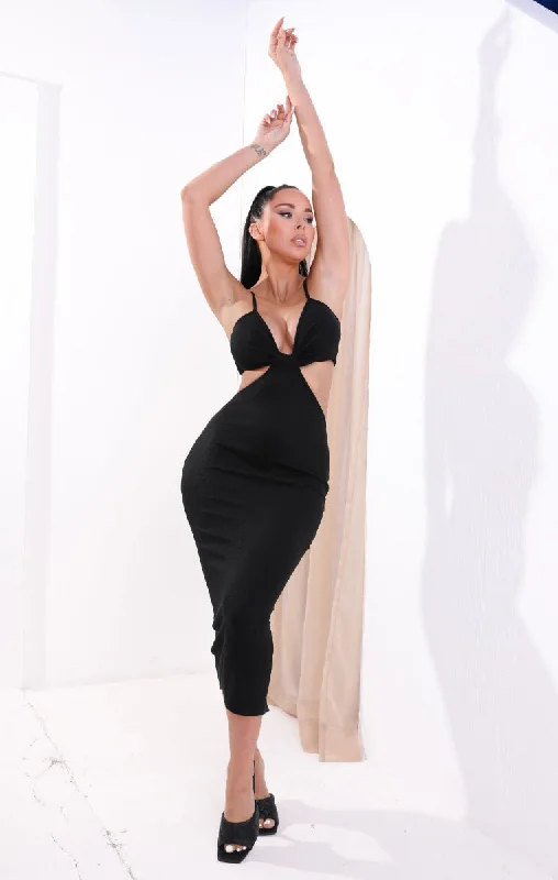 Midi dresses with satin - finish fabrics for a luxurious feelBlack Ribbed Cut Out Deep Plunge Strappy Bodycon Midi Dress - Coco Midi dresses with satin - finish fabrics for a luxurious feelBlack Ribbed Cut Out Deep Plunge Strappy Bodycon Midi Dress - Coco