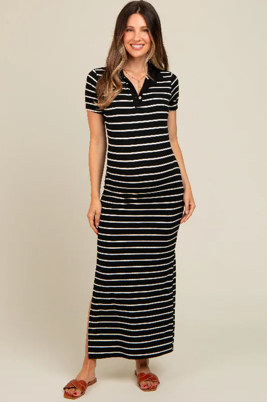 Midi dresses with pleated bodices for a classic and tailored lookBlack Striped Collared Side Slit Maternity Maxi Dress Midi dresses with pleated bodices for a classic and tailored lookBlack Striped Collared Side Slit Maternity Maxi Dress