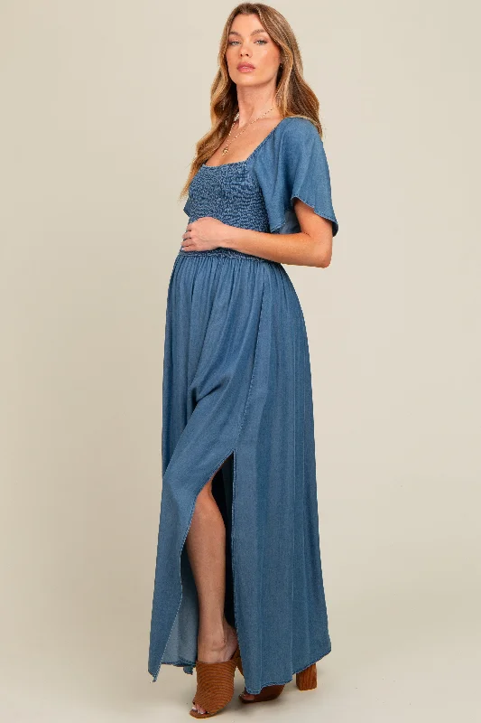 Maxi - inspired midi dresses with flowing fabrics for a beachy vibeBlue Chambray Smocked Maternity Maxi Dress Maxi - inspired midi dresses with flowing fabrics for a beachy vibeBlue Chambray Smocked Maternity Maxi Dress