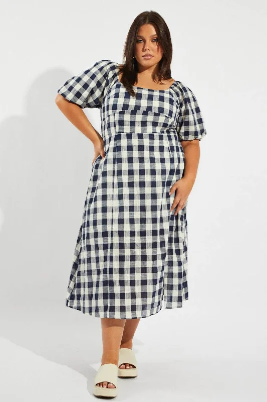 Midi dresses with mesh inserts for a trendy and breathable optionBlue Check Midi Dress With Split And Puff Sleeves Midi dresses with mesh inserts for a trendy and breathable optionBlue Check Midi Dress With Split And Puff Sleeves