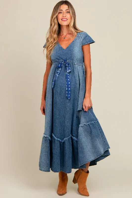 Midi dresses with V - necklines for a flattering and elongating effectBlue Denim Sash Waist Maternity Maxi Dress Midi dresses with V - necklines for a flattering and elongating effectBlue Denim Sash Waist Maternity Maxi Dress