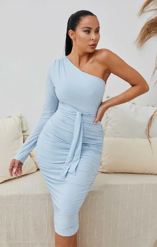 Midi dresses with asymmetric hems for a fashion - forward and dynamic appearanceBlue One Shoulder Ruched Slinky Midi Dress - Savannah Midi dresses with asymmetric hems for a fashion - forward and dynamic appearanceBlue One Shoulder Ruched Slinky Midi Dress - Savannah