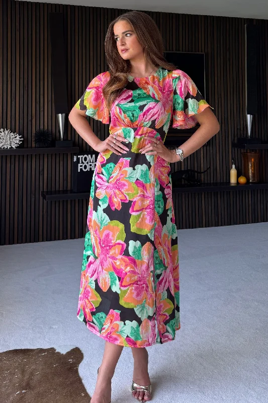 Midi dresses with pom - pom trims for a playful and festive lookBritney Black Print Angel Sleeve Midi Dress Midi dresses with pom - pom trims for a playful and festive lookBritney Black Print Angel Sleeve Midi Dress