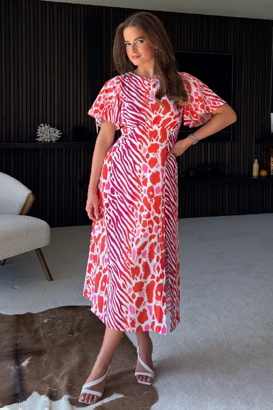 Midi dresses with keyhole backs for a flirty and unexpected detailBritney Red Print Angel Sleeve Midi Dress Midi dresses with keyhole backs for a flirty and unexpected detailBritney Red Print Angel Sleeve Midi Dress
