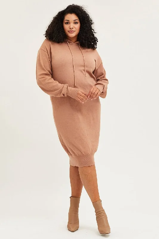 A - line midi dresses with floral prints for spring brunchesBrown Plus Long Sleeve Hoodie Knit Dress A - line midi dresses with floral prints for spring brunchesBrown Plus Long Sleeve Hoodie Knit Dress
