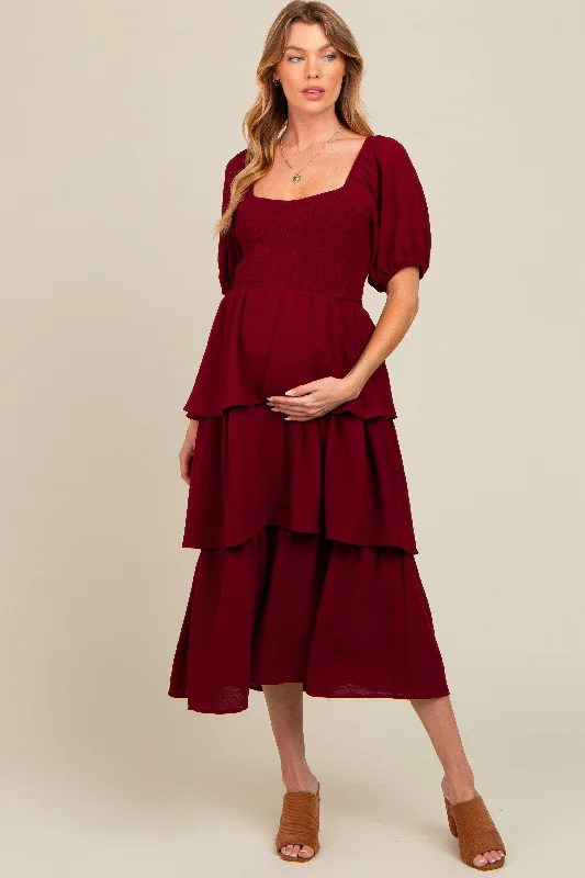 Sleeveless midi dresses with lace details for summer weddingsBurgundy Smocked Body Ruffled Tiered Maternity Midi Dress Sleeveless midi dresses with lace details for summer weddingsBurgundy Smocked Body Ruffled Tiered Maternity Midi Dress