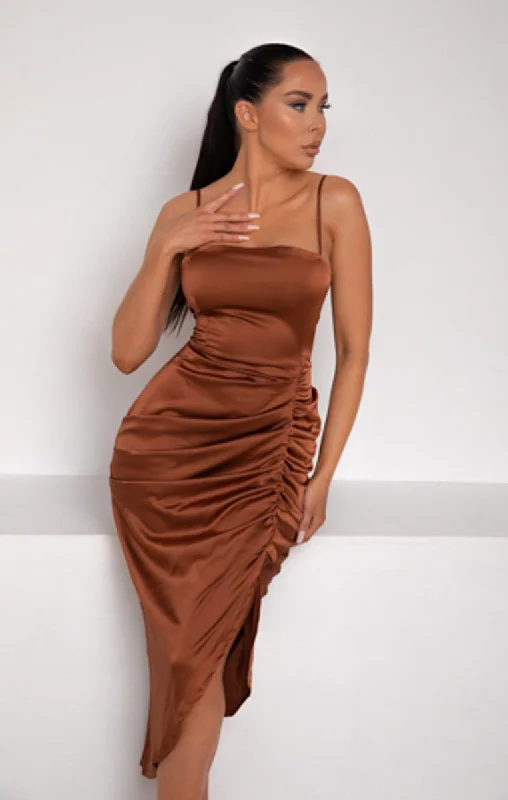 Midi dresses with geometric cutouts for a contemporary and edgy lookChocolate Satin Ruched Split Strappy Bodycon Midi Dress - Savannah Midi dresses with geometric cutouts for a contemporary and edgy lookChocolate Satin Ruched Split Strappy Bodycon Midi Dress - Savannah