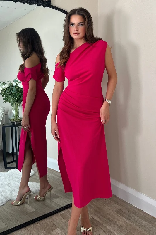 Midi dresses with lace - up fronts for a unique and adjustable styleDonna Asymmetric Neckline Midi Dress Pink Midi dresses with lace - up fronts for a unique and adjustable styleDonna Asymmetric Neckline Midi Dress Pink