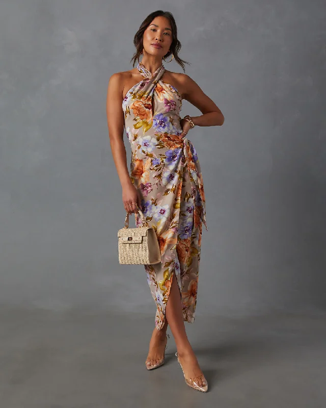 Midi dresses with sheer panels for a touch of allureFloral Beauty Twist Front Halter Midi Dress Midi dresses with sheer panels for a touch of allureFloral Beauty Twist Front Halter Midi Dress