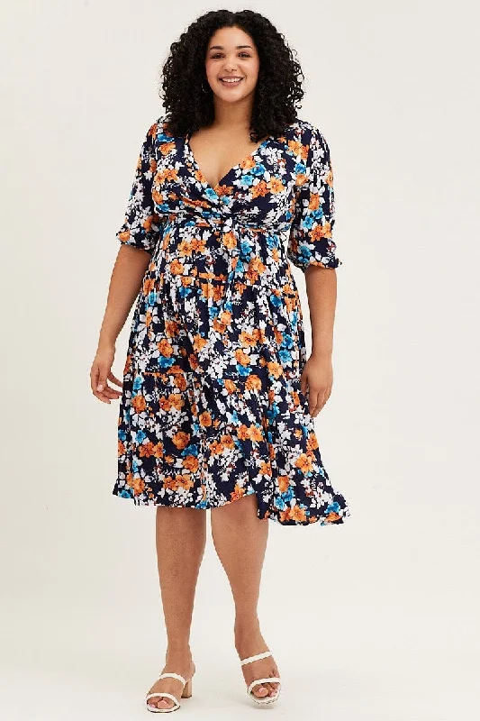 Midi dresses with one - shoulder designs for a modern and asymmetric styleFloral Print Skater Dress V-neck Three-Quarter Sleeve Midi dresses with one - shoulder designs for a modern and asymmetric styleFloral Print Skater Dress V-neck Three-Quarter Sleeve