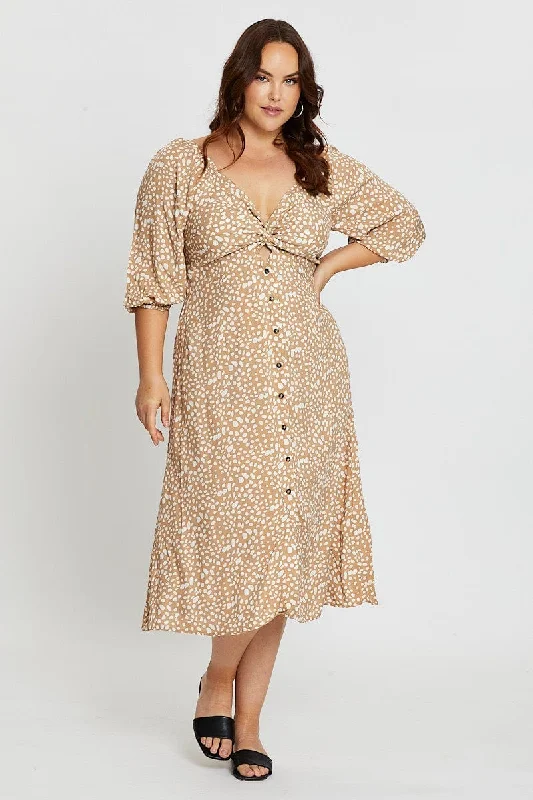 Midi dresses with button - down skirts for a unique and functional designGeo Print 3/4 Sleeve Tie Front Button Midi Dress Midi dresses with button - down skirts for a unique and functional designGeo Print 3/4 Sleeve Tie Front Button Midi Dress