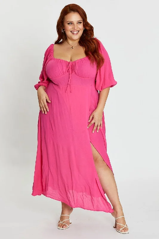 Plaid midi dresses for a fall - themed family gatheringHot Pink Maxi Dress Scoop Neck Short Sleeve Front Split Plaid midi dresses for a fall - themed family gatheringHot Pink Maxi Dress Scoop Neck Short Sleeve Front Split