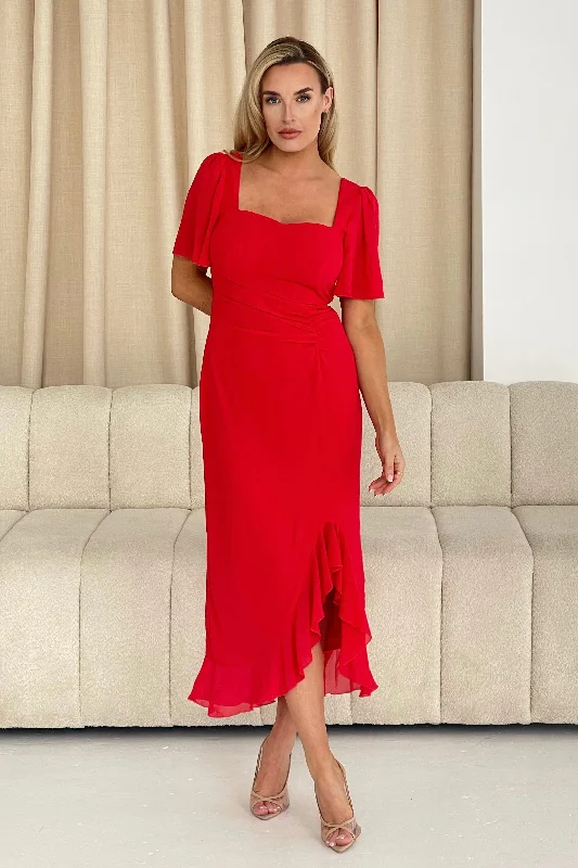 Midi dresses with metallic threads for a glamorous evening eventHeidi Red Ruched Midi Dress Midi dresses with metallic threads for a glamorous evening eventHeidi Red Ruched Midi Dress