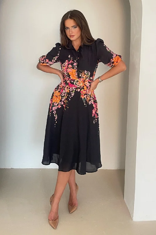 Midi dresses with button - down skirts for a unique and functional designHolland Boarder Print Collar Midi Dress Black Midi dresses with button - down skirts for a unique and functional designHolland Boarder Print Collar Midi Dress Black