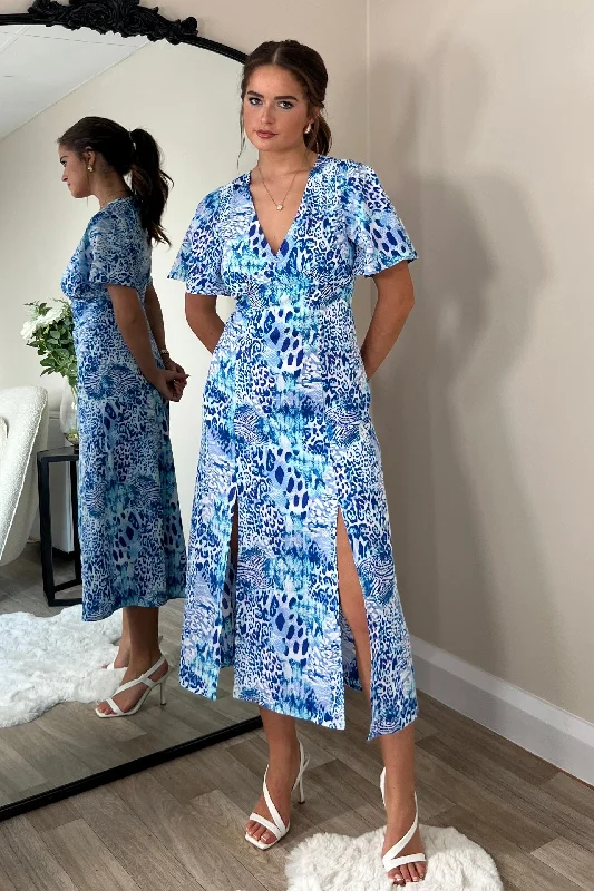 Midi dresses with halter necks for a stylish and comfortable optionLevi V Neck Angel Sleeve Split Leg Midi Dress Blue Midi dresses with halter necks for a stylish and comfortable optionLevi V Neck Angel Sleeve Split Leg Midi Dress Blue