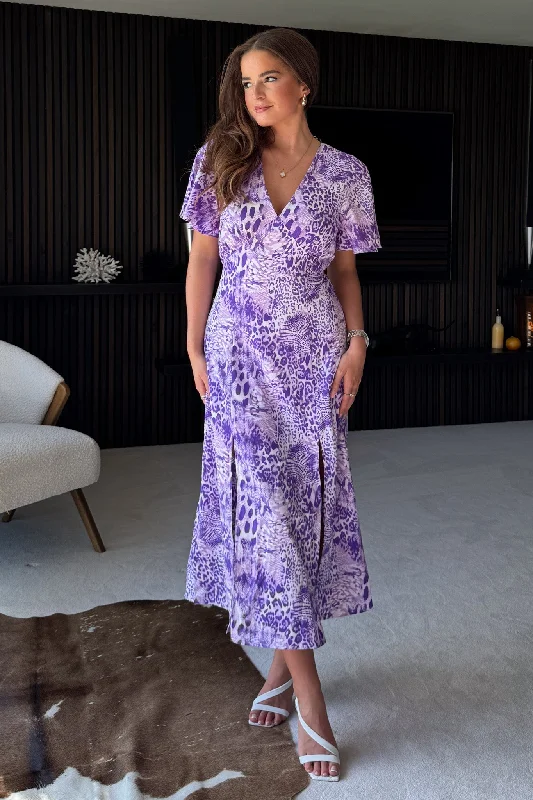 Plaid midi dresses for a fall - themed family gatheringLevi V Neck Angel Sleeve Split Leg Midi Dress Purple Plaid midi dresses for a fall - themed family gatheringLevi V Neck Angel Sleeve Split Leg Midi Dress Purple