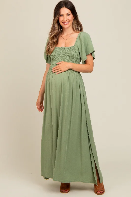 Midi dresses with side slits for a sexy and elegant appearanceLight Olive Chambray Smocked Maternity Maxi Dress Midi dresses with side slits for a sexy and elegant appearanceLight Olive Chambray Smocked Maternity Maxi Dress