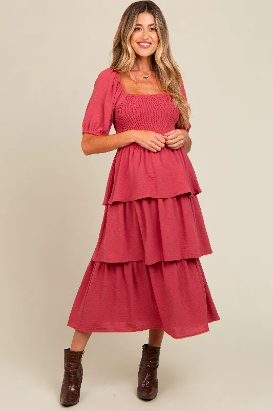 Midi dresses with animal prints for a bold and confident appearanceMagenta Smocked Body Ruffled Tiered Maternity Midi Dress Midi dresses with animal prints for a bold and confident appearanceMagenta Smocked Body Ruffled Tiered Maternity Midi Dress