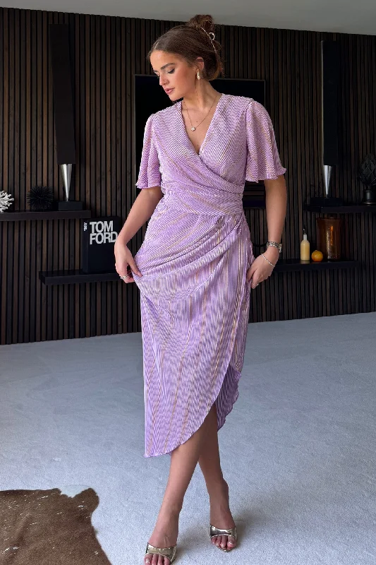 Midi dresses with patchwork patterns for a one - of - a - kind styleNatasha Lilac Metallic Angel Sleeve Wrap Midi Dress Midi dresses with patchwork patterns for a one - of - a - kind styleNatasha Lilac Metallic Angel Sleeve Wrap Midi Dress
