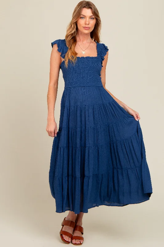 Midi dresses with button - front designs for a classic touchNavy Blue Smocked Tiered Ruffle Strap Maternity Midi Dress Midi dresses with button - front designs for a classic touchNavy Blue Smocked Tiered Ruffle Strap Maternity Midi Dress