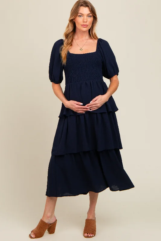 Midi dresses with gathered skirts for a full and flowing silhouetteNavy Smocked Body Ruffled Tiered Maternity Midi Dress Midi dresses with gathered skirts for a full and flowing silhouetteNavy Smocked Body Ruffled Tiered Maternity Midi Dress