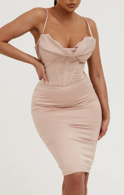Midi dresses with one - shoulder designs for a modern and asymmetric styleNude Satin Strappy Drape Front Corset Style Midi Dress - Saga Midi dresses with one - shoulder designs for a modern and asymmetric styleNude Satin Strappy Drape Front Corset Style Midi Dress - Saga