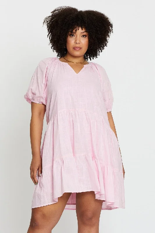 Midi dresses with satin - finish fabrics for a luxurious feelPink Puff 3/4 Sleeve Textured Cotton Pink Layer Dress Midi dresses with satin - finish fabrics for a luxurious feelPink Puff 3/4 Sleeve Textured Cotton Pink Layer Dress