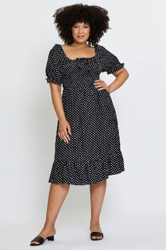 Midi dresses with embroidered accents for a unique and detailed designPolka Dot Skater Dress Square Neck Short Sleeve Midi dresses with embroidered accents for a unique and detailed designPolka Dot Skater Dress Square Neck Short Sleeve