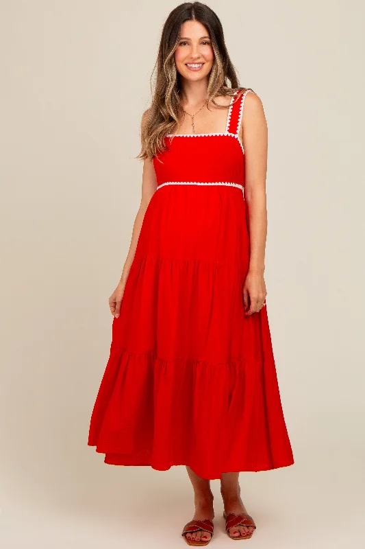 Midi dresses with abstract art prints for an artistic statementRed Scallop Trim Tiered Maternity Midi Dress Midi dresses with abstract art prints for an artistic statementRed Scallop Trim Tiered Maternity Midi Dress