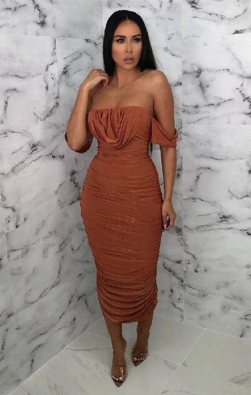 Midi dresses with satin - finish fabrics for a luxurious feelRust Bardot Cowl Neck Ruched Midi Dress - Malia Midi dresses with satin - finish fabrics for a luxurious feelRust Bardot Cowl Neck Ruched Midi Dress - Malia