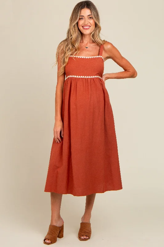 Wrap - style midi dresses in silk for a sophisticated office lookRust Contrast Trim Maternity Midi Dress Wrap - style midi dresses in silk for a sophisticated office lookRust Contrast Trim Maternity Midi Dress
