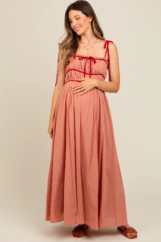 Midi dresses with asymmetric hems for a fashion - forward and dynamic appearanceSalmon Contrast Ribbon Trim Maternity Maxi Dress Midi dresses with asymmetric hems for a fashion - forward and dynamic appearanceSalmon Contrast Ribbon Trim Maternity Maxi Dress