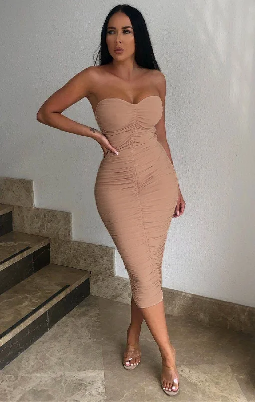 Midi dresses with ruffled hems for a romantic date nightStone Ruched Strapless Bodycon Midi Dress - Vita Midi dresses with ruffled hems for a romantic date nightStone Ruched Strapless Bodycon Midi Dress - Vita
