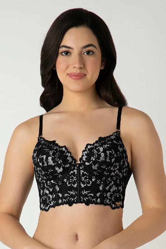 plus size bralette bras for comfortFemme Lace Padded Non-Wired Longline Bra - Black