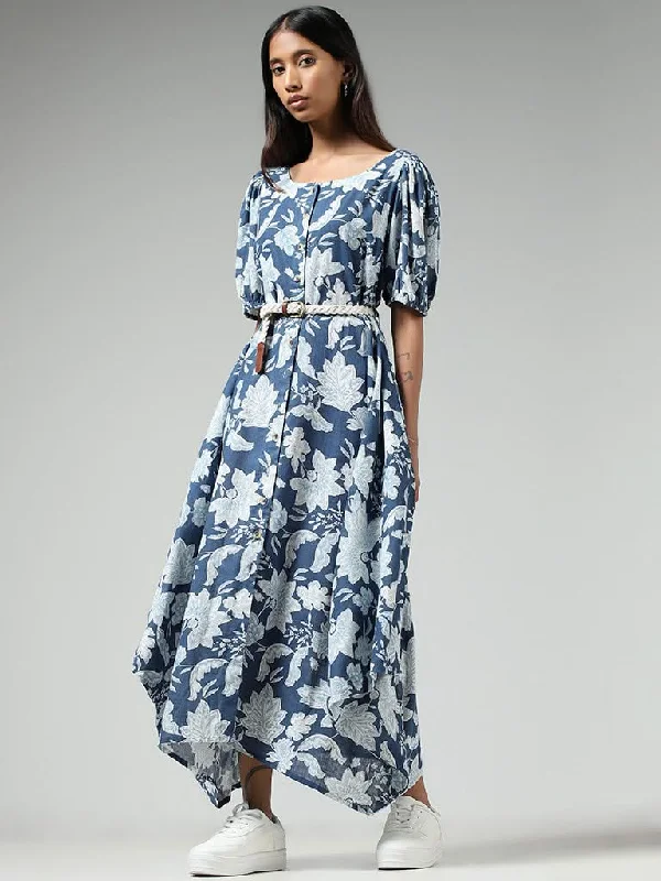 Women's pants for theme park visits Mom jeans for a nostalgic and casual look Bombay Paisley Blue Floral Printed Cotton Button-Down Dress with Belt Women's pants for theme park visits Mom jeans for a nostalgic and casual look Bombay Paisley Blue Floral Printed Cotton Button-Down Dress with Belt