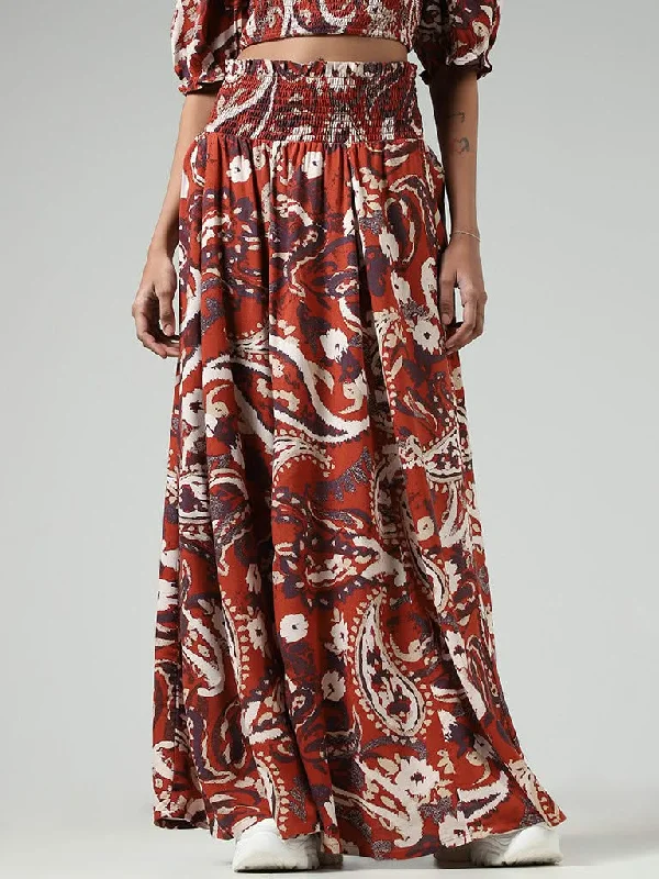 Women's polyester workout pants Button - fly women jeans with a traditional touch Bombay Paisley Rust Paisley Printed Smocked Maxi Skirt Women's polyester workout pants Button - fly women jeans with a traditional touch Bombay Paisley Rust Paisley Printed Smocked Maxi Skirt