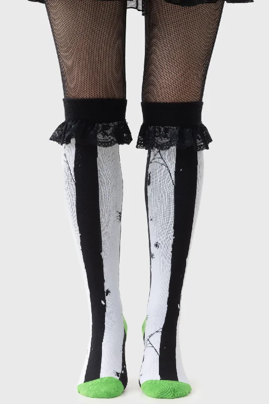 women tights made of cotton for breathabilityDistressed Stripe Knee High Socks