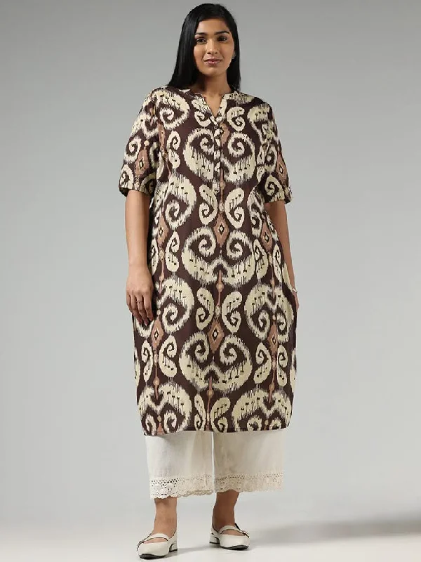Women's designer brand pants High - rise flare women jeans for a 70s - inspired look Diza Brown Printed Cotton Kurta Women's designer brand pants High - rise flare women jeans for a 70s - inspired look Diza Brown Printed Cotton Kurta