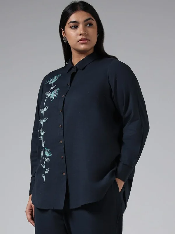 Women's low - rise denim pants Distressed women jeans for a trendy and edgy look Diza Navy Floral Embroidered Cotton Shirt Women's low - rise denim pants Distressed women jeans for a trendy and edgy look Diza Navy Floral Embroidered Cotton Shirt