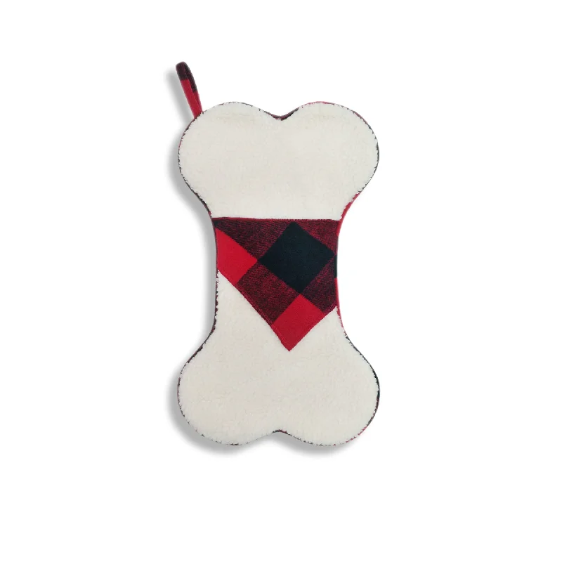 Metallic - threaded party stockings​Faux Sherpa Dog Bone Stocking with Red Plaid Bandana Detail